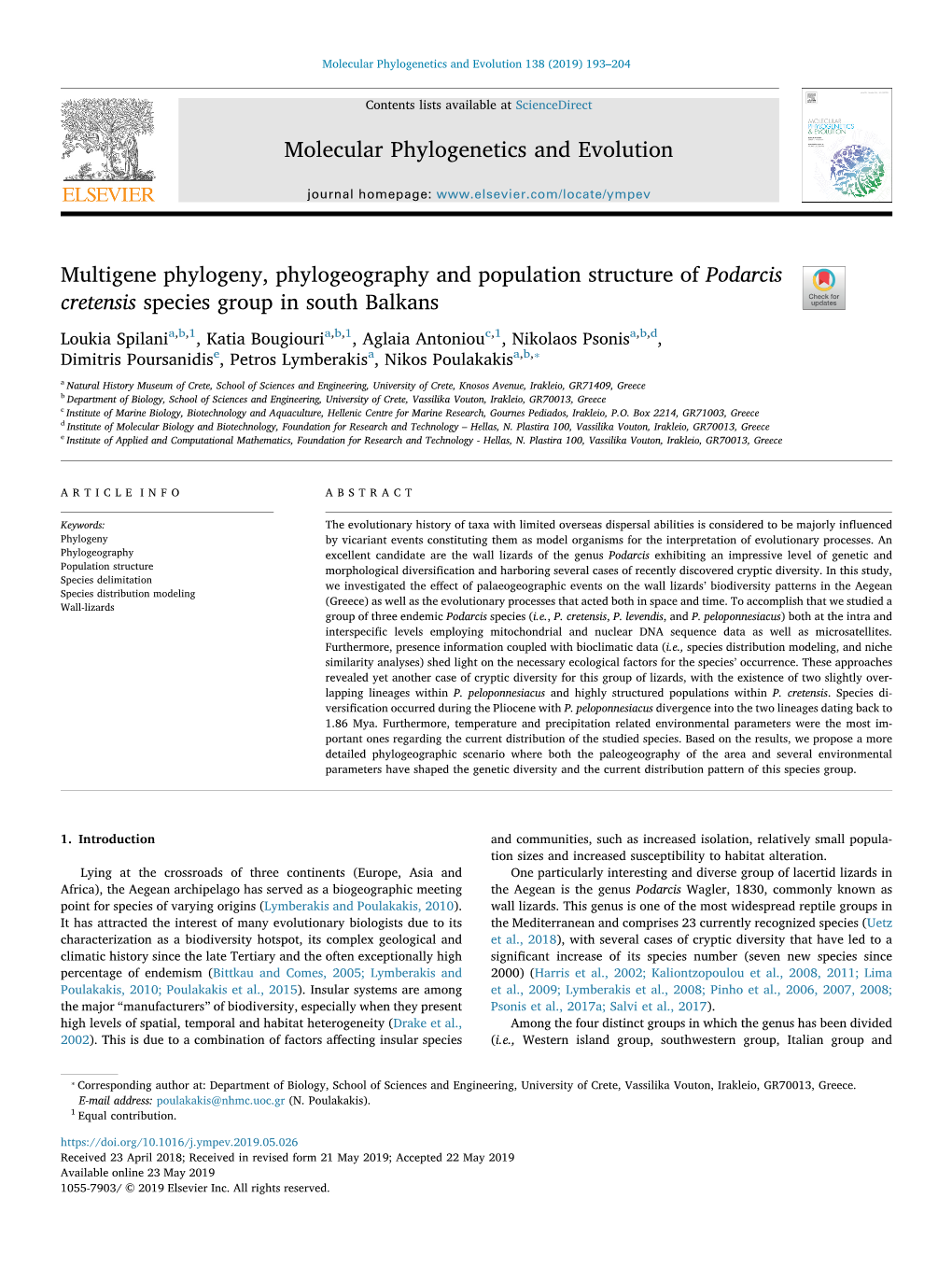 Multigene Phylogeny, Phylogeography and Population Structure of Podarcis Cretensis Species Group in South Balkans T