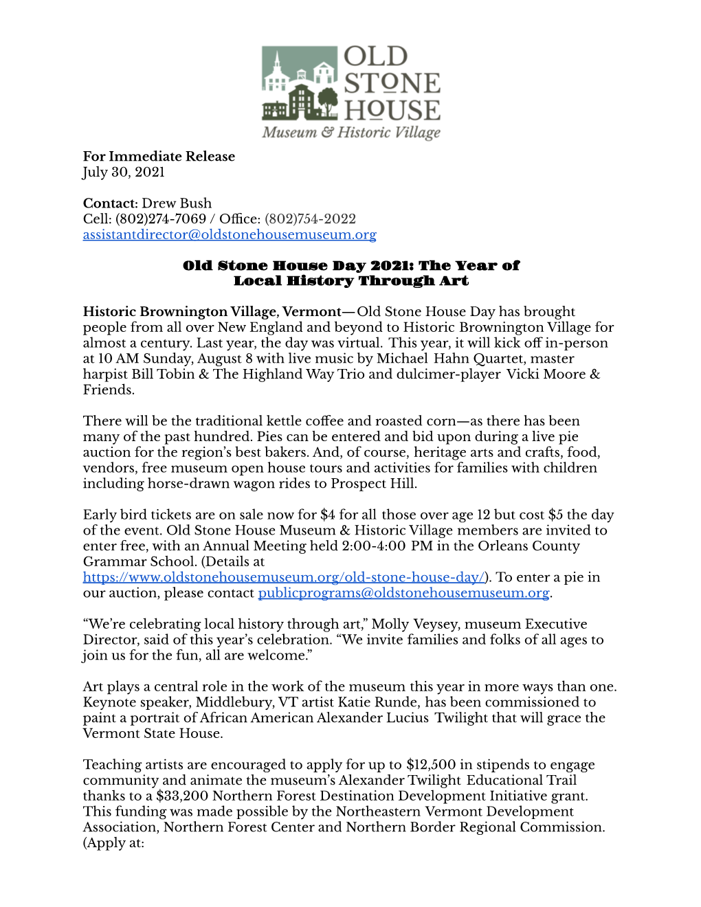 7.29.2021 Press Release Old Stone House Day 2021