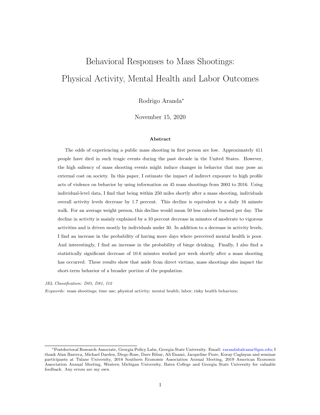 Behavioral Responses to Mass Shootings: Physical Activity, Mental Health and Labor Outcomes