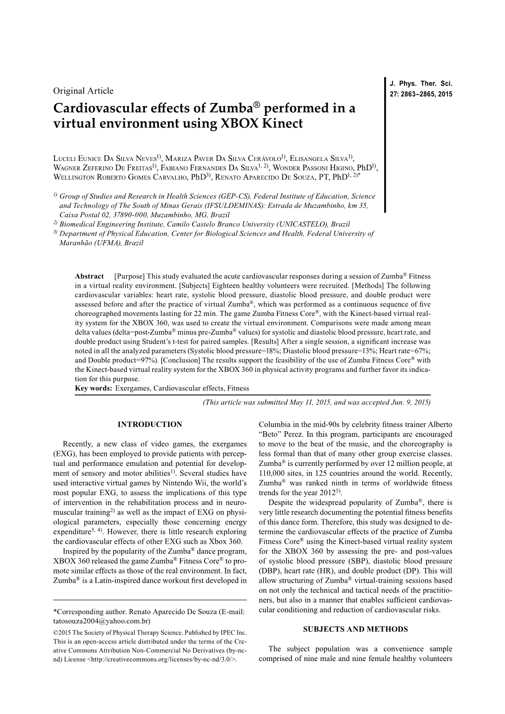 Cardiovascular Effects of Zumba® Performed in a Virtual Environment Using XBOX Kinect