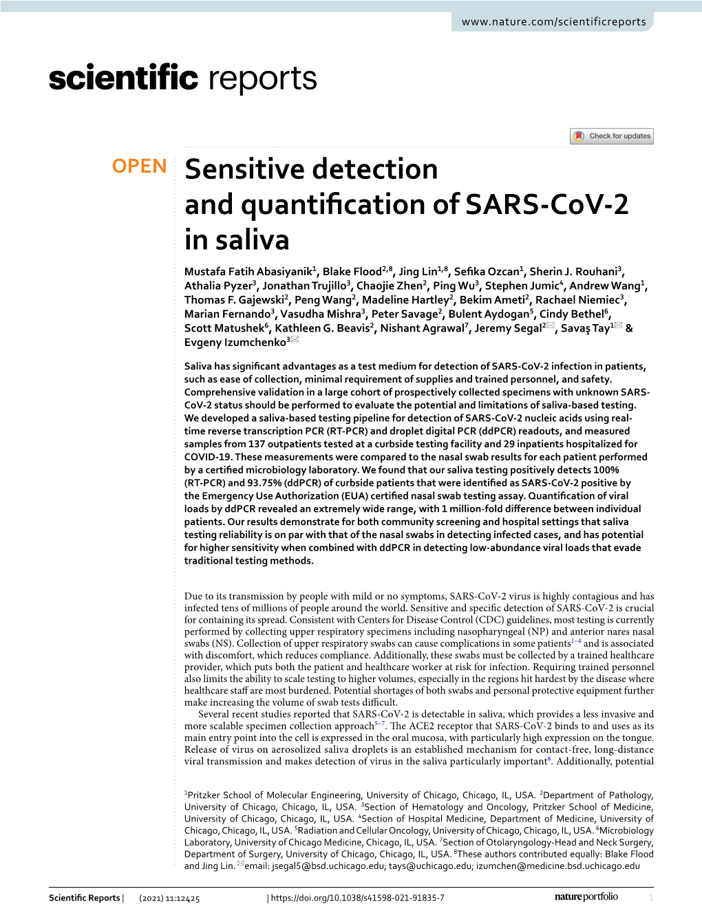 Sensitive Detection and Quantification of SARS-Cov-2 in Saliva