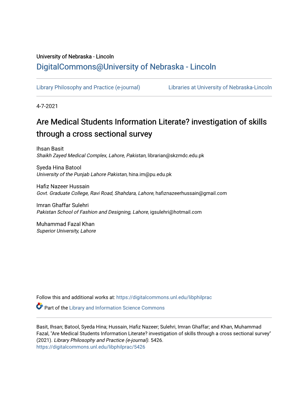 Are Medical Students Information Literate? Investigation of Skills Through a Cross Sectional Survey