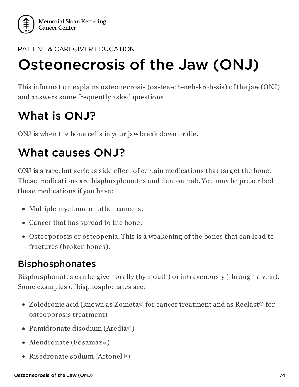 Osteonecrosis of the Jaw (ONJ) | Memorial Sloan Kettering Cancer