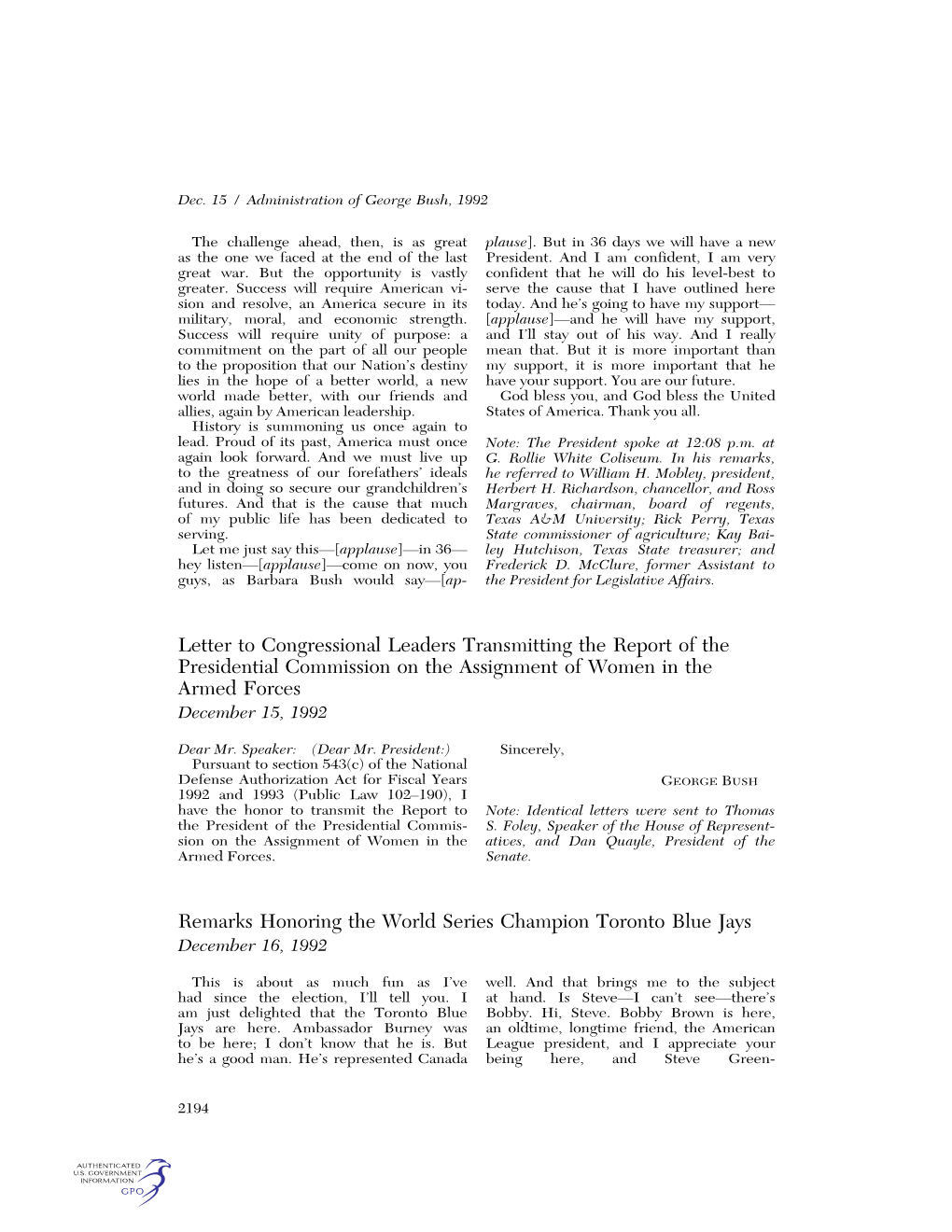 Letter to Congressional Leaders Transmitting the Report of the Presidential Commission on the Assignment of Women in the Armed Forces December 15, 1992