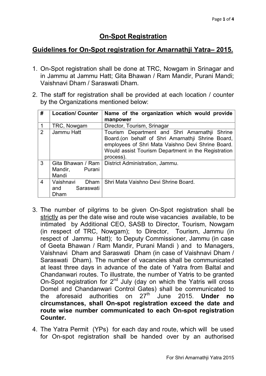 On-Spot Registration Guidelines for On-Spot Registration for Amarnathji Yatra– 2015
