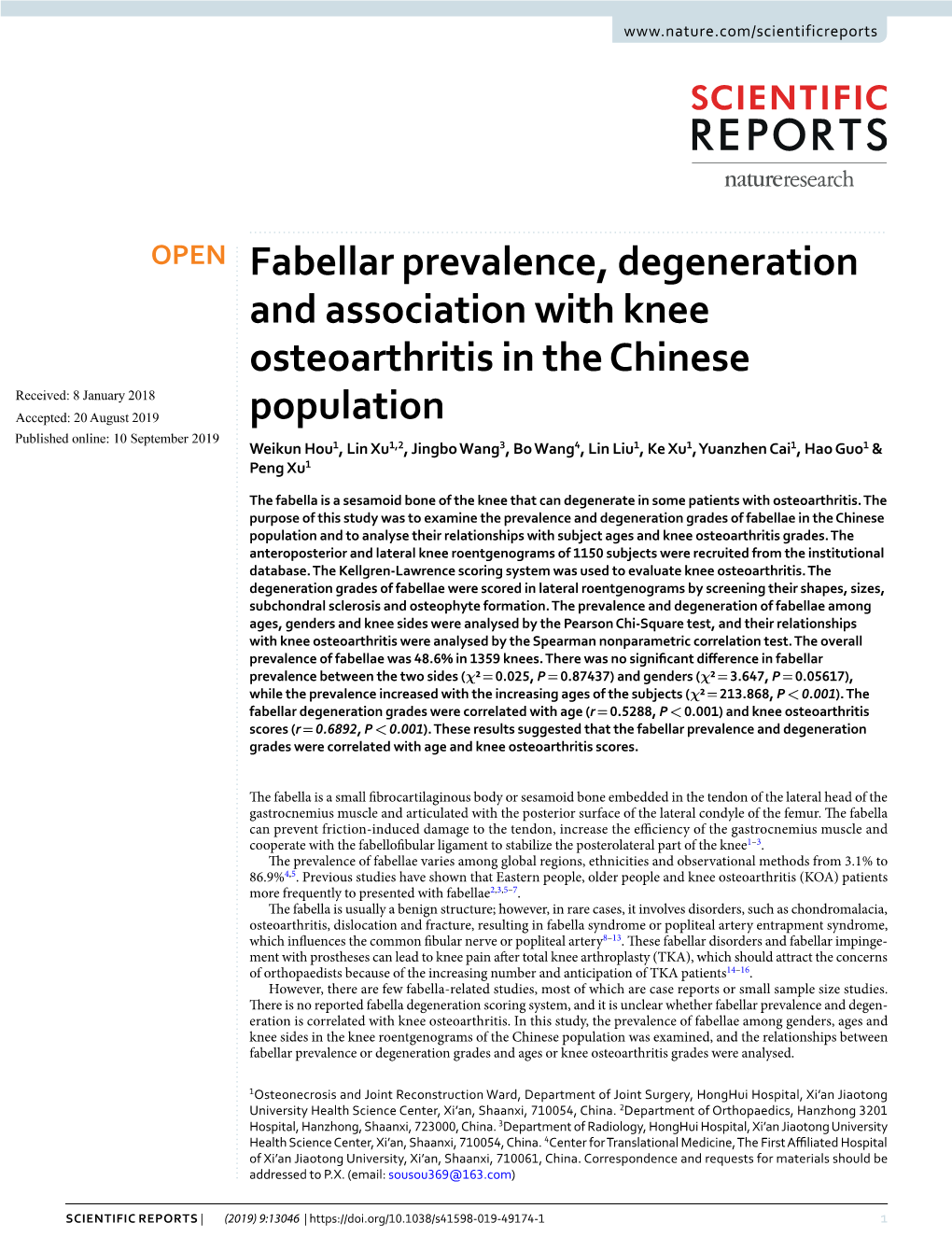 Fabellar Prevalence, Degeneration and Association with Knee