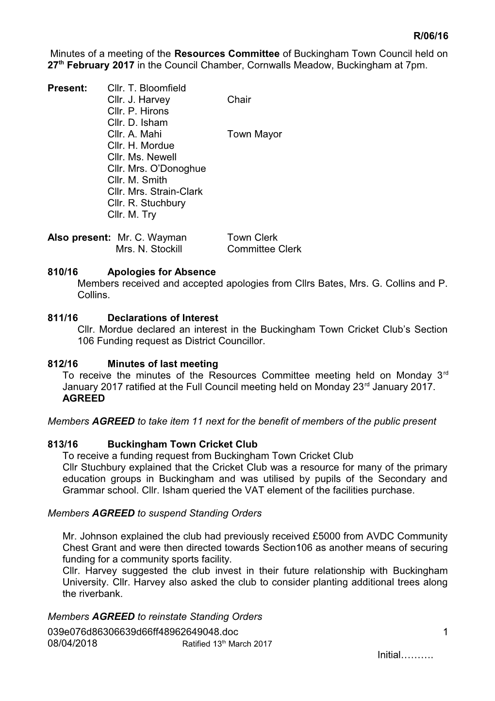 Minutes of a Meeting of the Finance, Administration and Personnel Committee of Buckingham