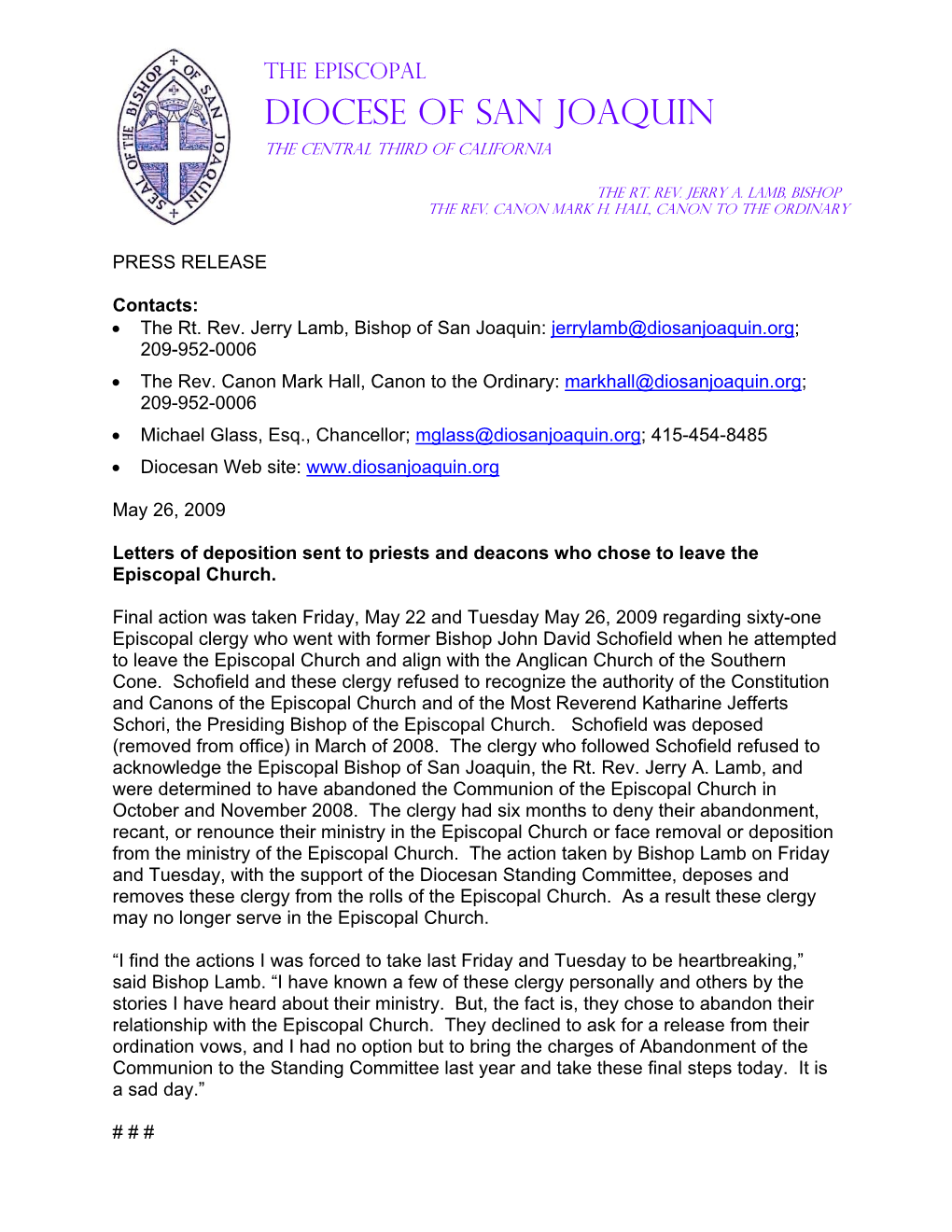 Letters of Deposition Sent to Priests and Deacons Who Chose to Leave the Episcopal Church