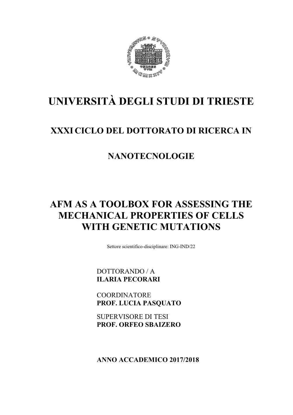 Università Degli Studi Di Trieste Xxxiciclo Del Dottorato Di Ricerca