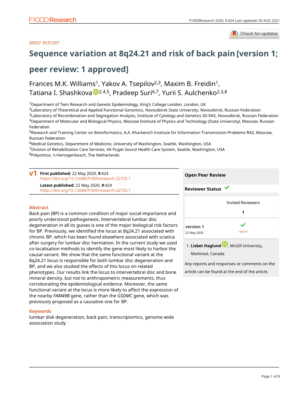 Sequence Variation at 8Q24.21 and Risk of Back Pain[Version 1; Peer