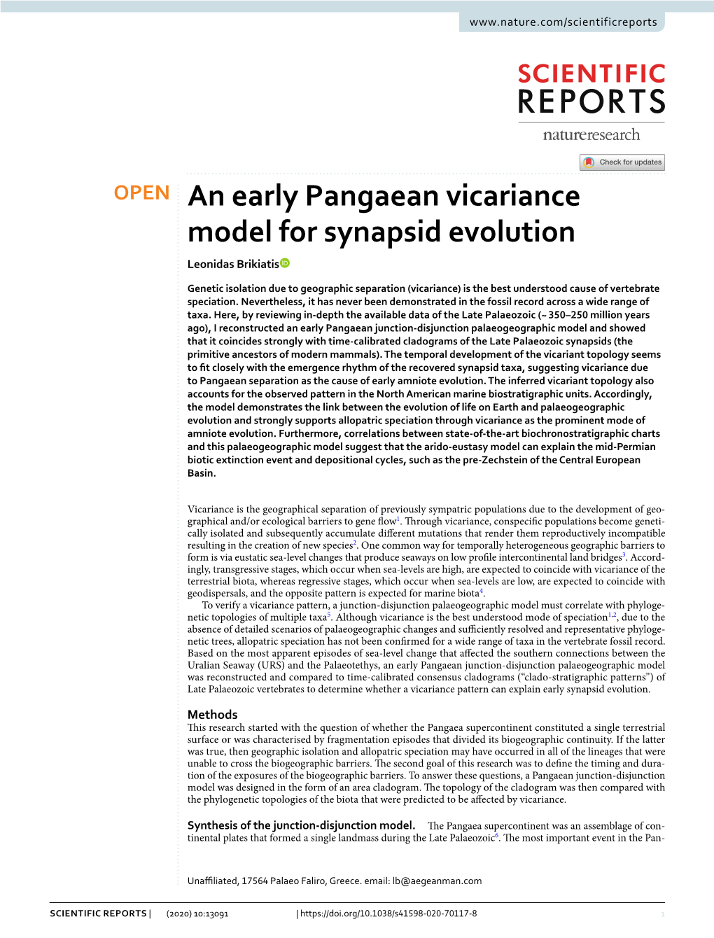 An Early Pangaean Vicariance Model for Synapsid Evolution Leonidas Brikiatis