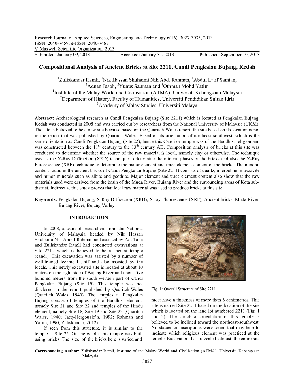 Compositional Analysis of Ancient Bricks at Site 2211, Candi Pengkalan Bujang, Kedah