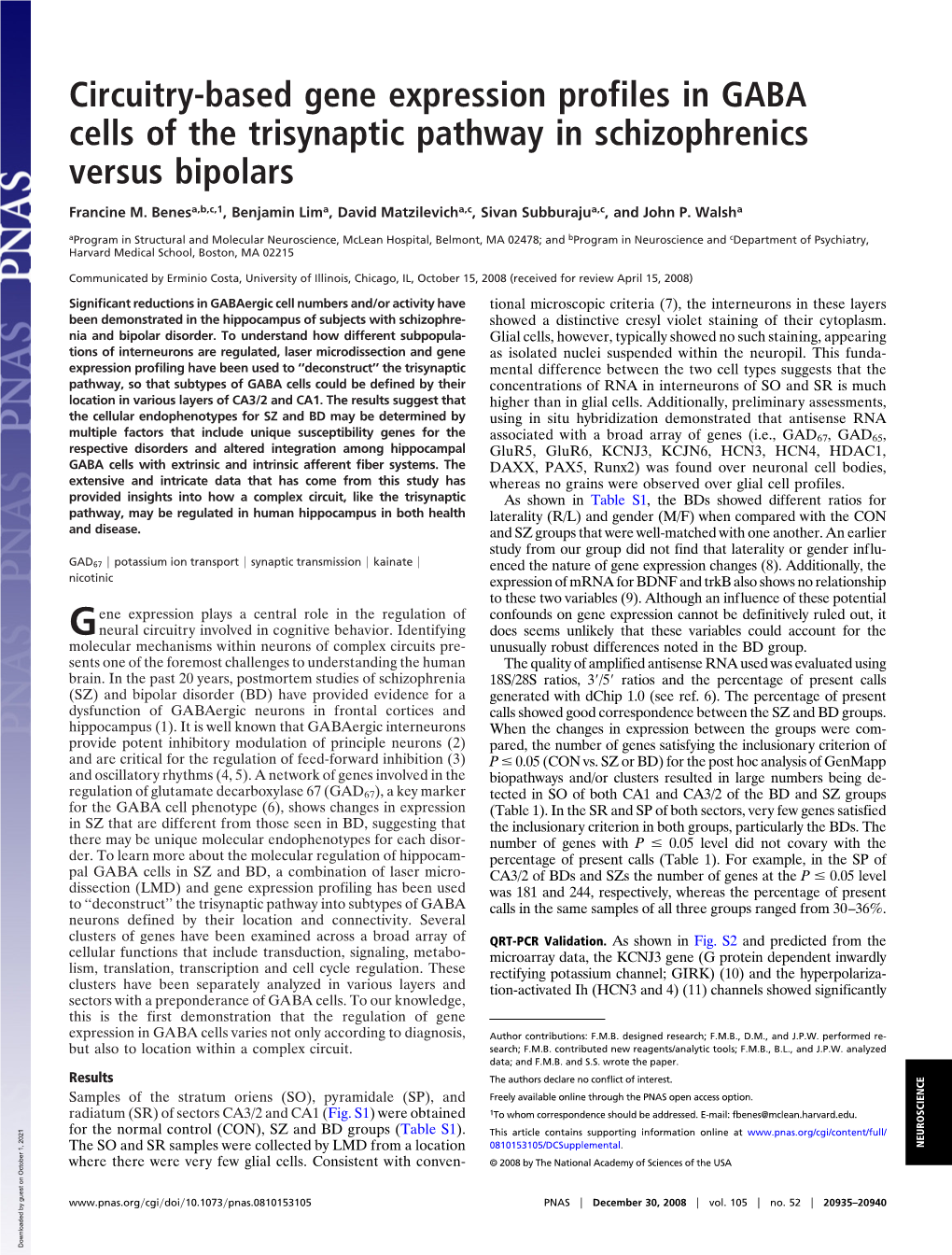 Circuitry-Based Gene Expression Profiles in GABA Cells of the Trisynaptic Pathway in Schizophrenics Versus Bipolars