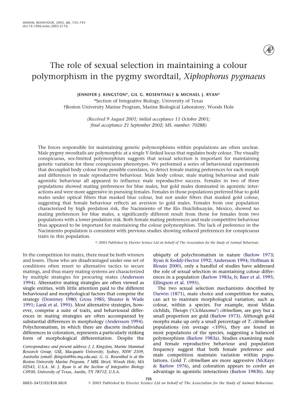 The Role of Sexual Selection in Maintaining a Colour Polymorphism in the Pygmy Swordtail, Xiphophorus Pygmaeus