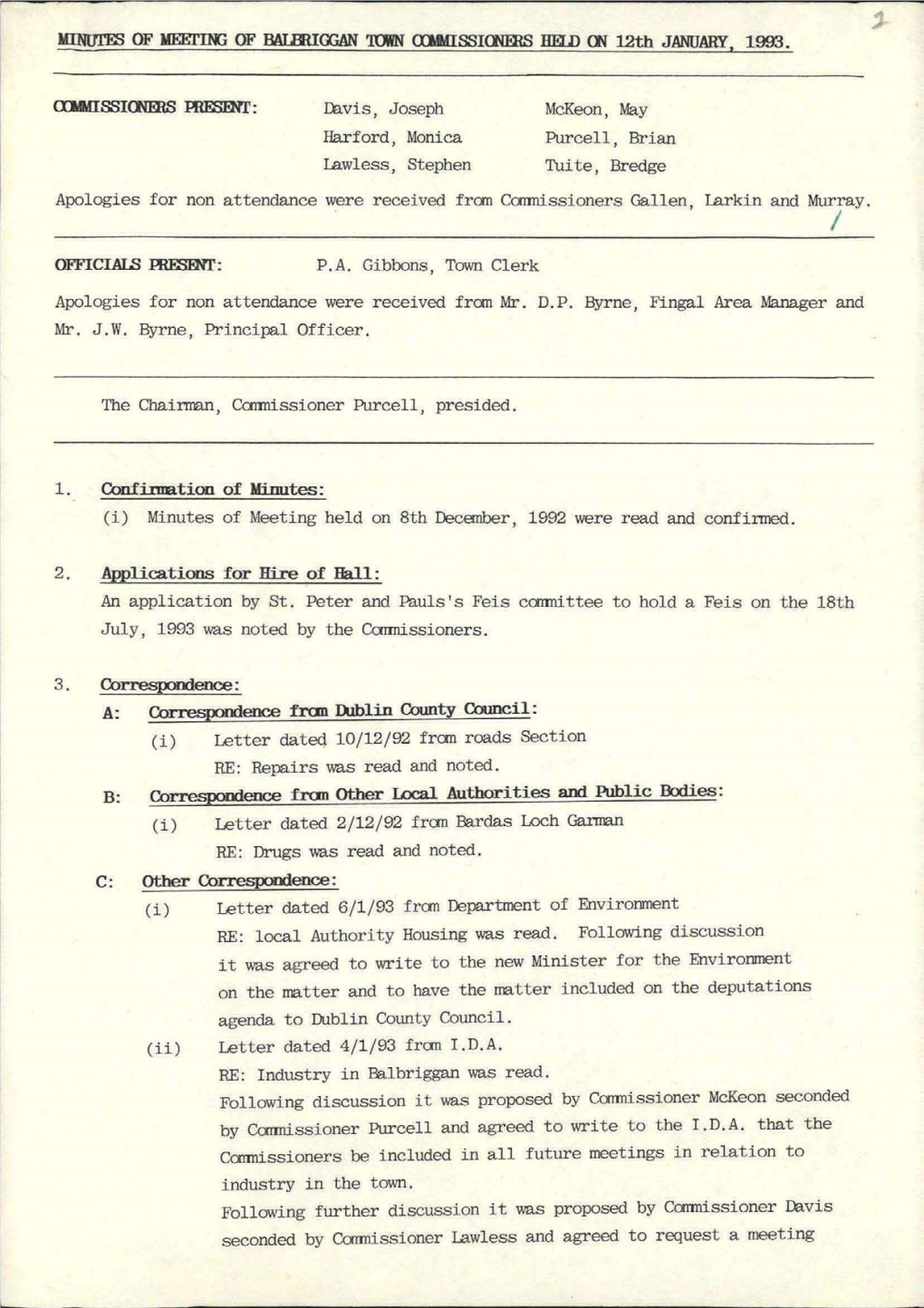 MINUTES of MEETING of BALBRIGGAN TOWN COMMISSIONERS HELD on 12Th JANUARY, 1993