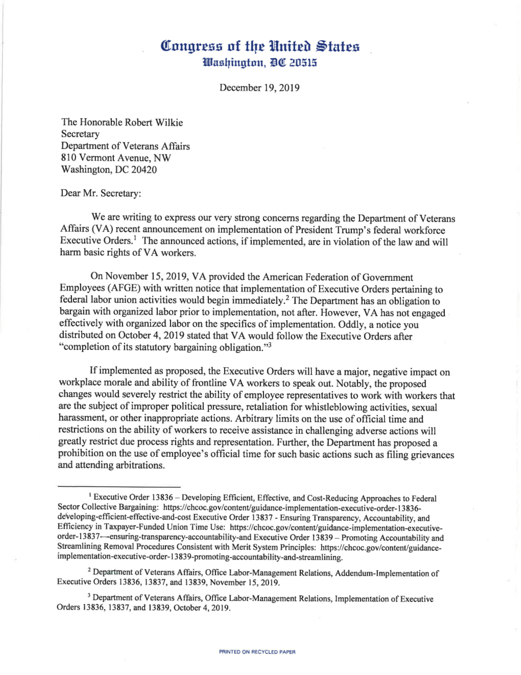Letter from Members of House of Representatives to Department of Veterans Affairs Secretary Robert Wilke, January 5,2019