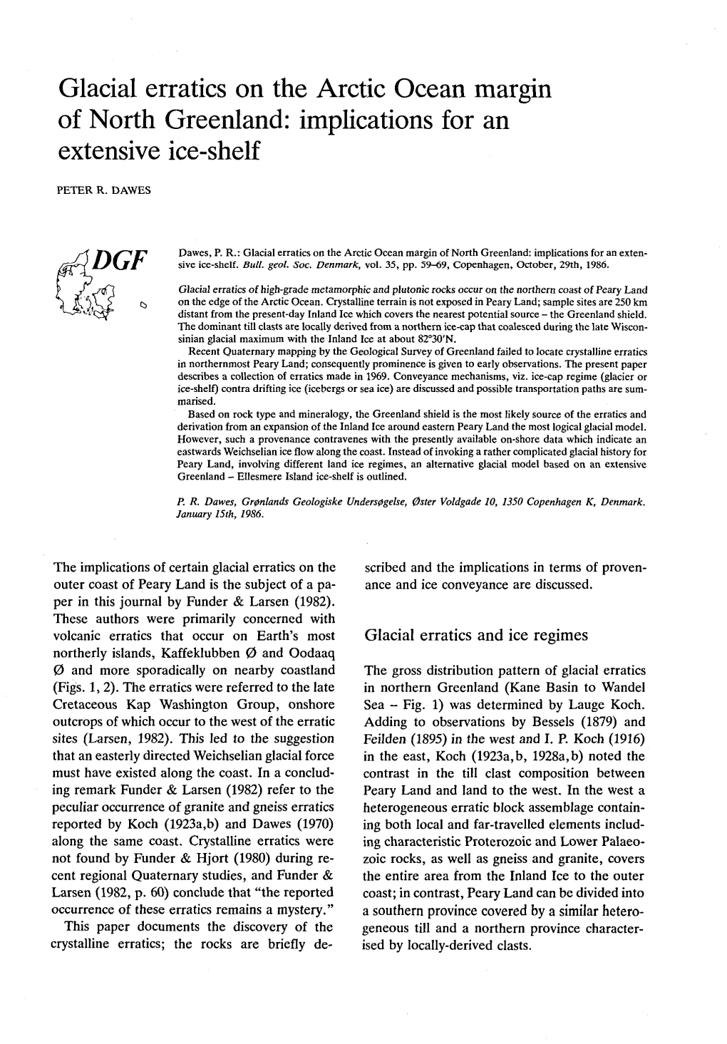 Glacial Erratics on the Arctic Ocean Margin of North Greenland: Implications for an Extensive Ice-Shelf