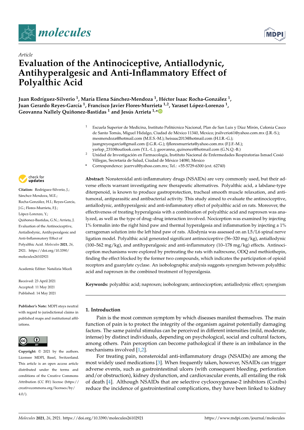 Evaluation of the Antinociceptive, Antiallodynic, Antihyperalgesic and Anti-Inﬂammatory Effect of Polyalthic Acid