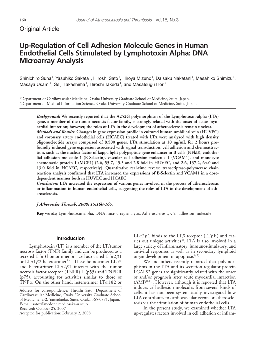 Up-Regulation of Cell Adhesion Molecule Genes in Human Endothelial Cells Stimulated by Lymphotoxin Alpha: DNA Microarray Analysis