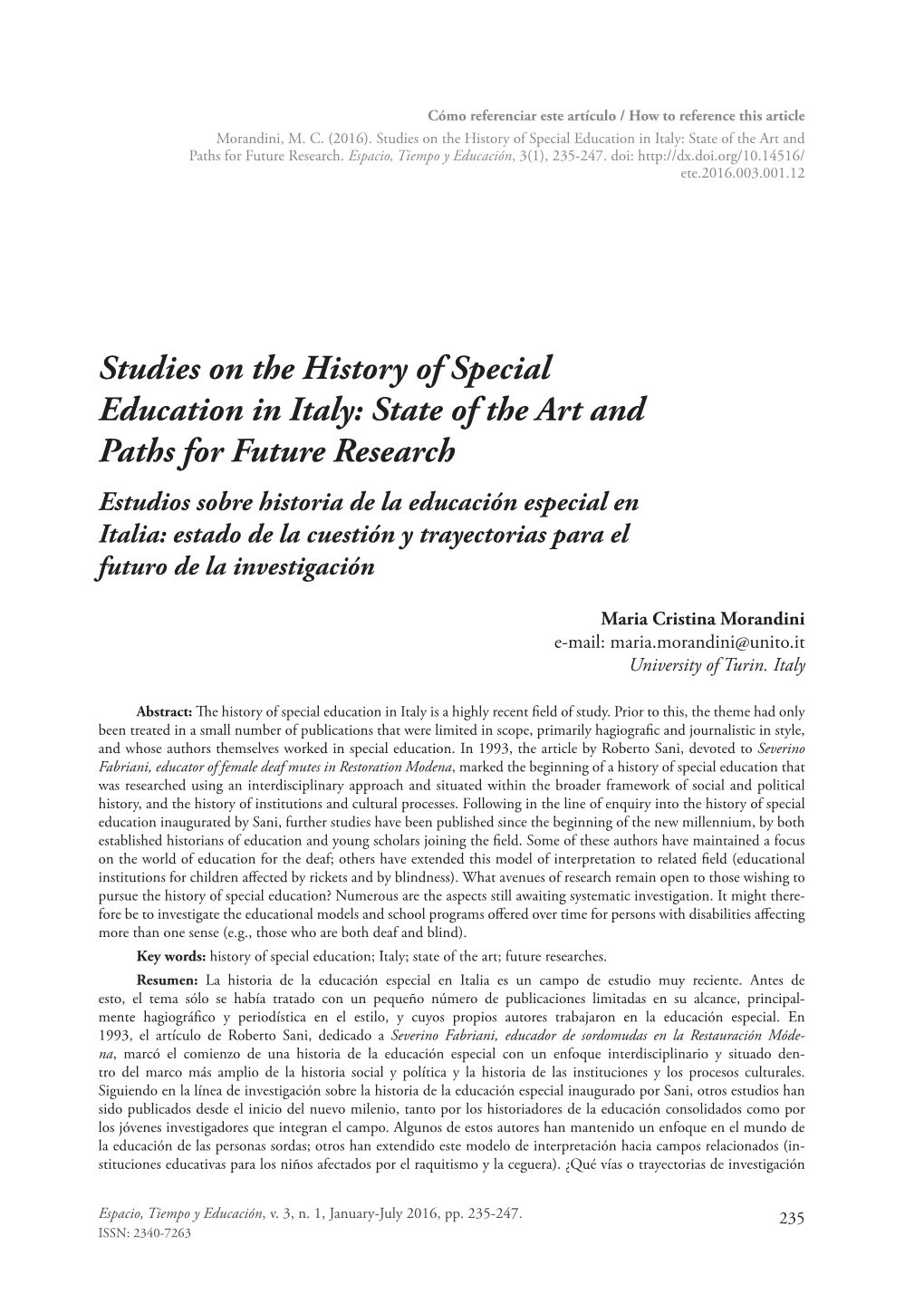 Studies on the History of Special Education in Italy: State of the Art and Paths for Future Research