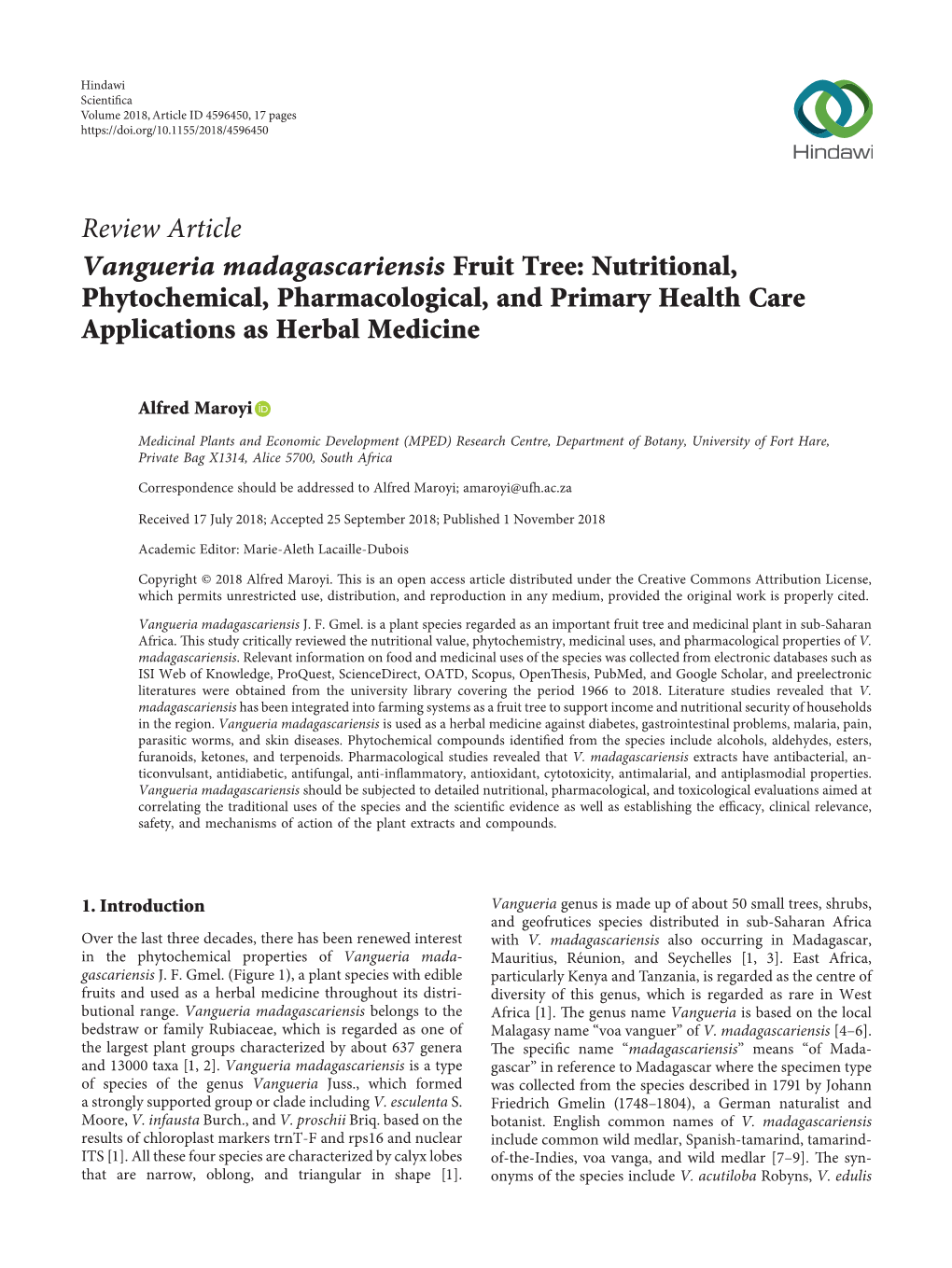 Vangueria Madagascariensis Fruit Tree: Nutritional, Phytochemical, Pharmacological, and Primary Health Care Applications As Herbal Medicine