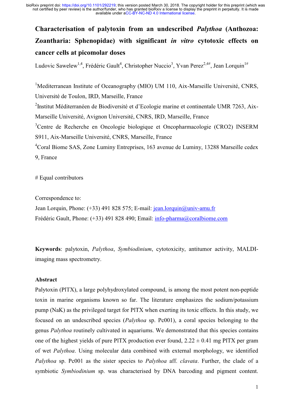 Characterisation of Palytoxin from an Undescribed Palythoa