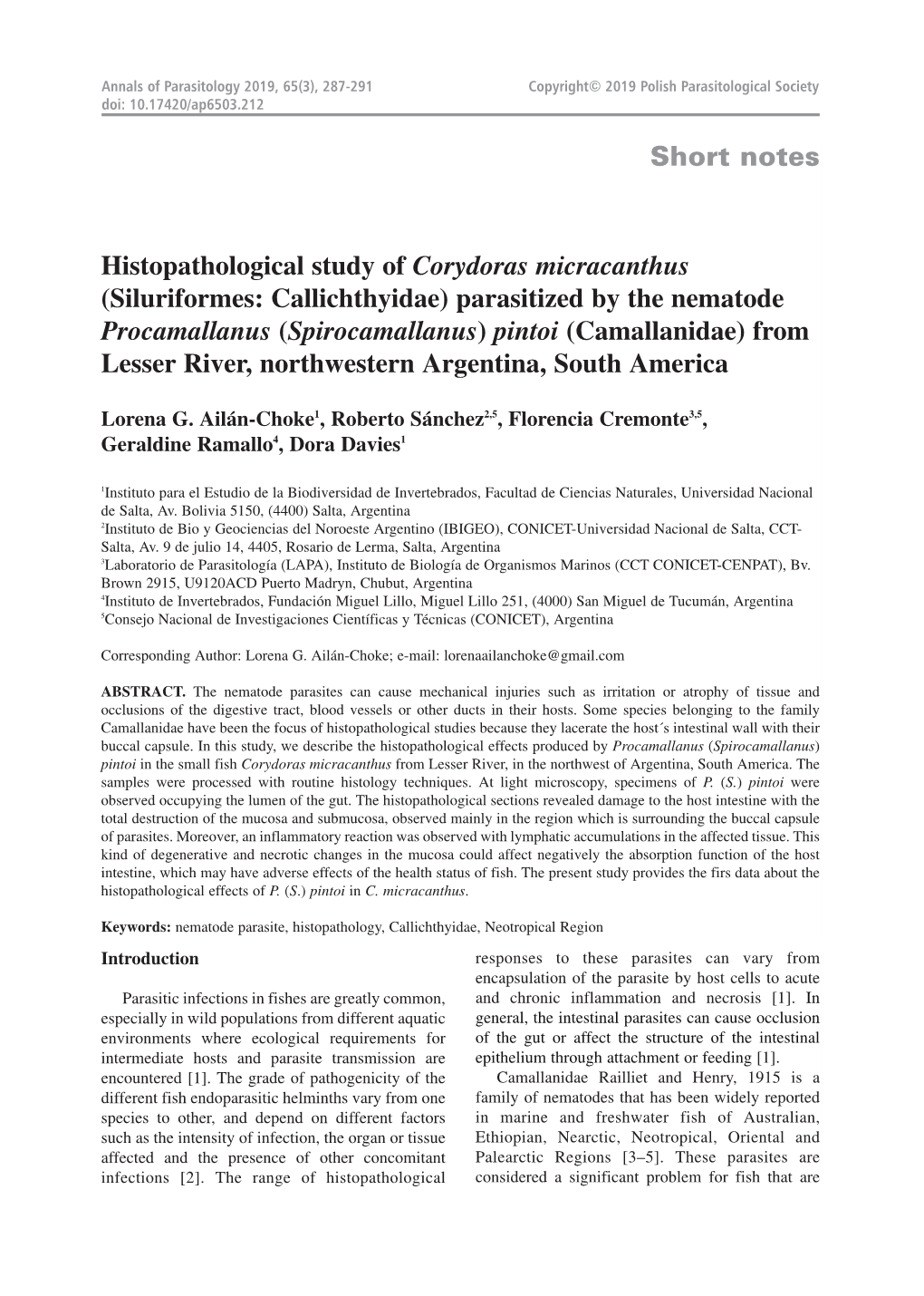 Short Notes Histopathological Study of Corydoras Micracanthus