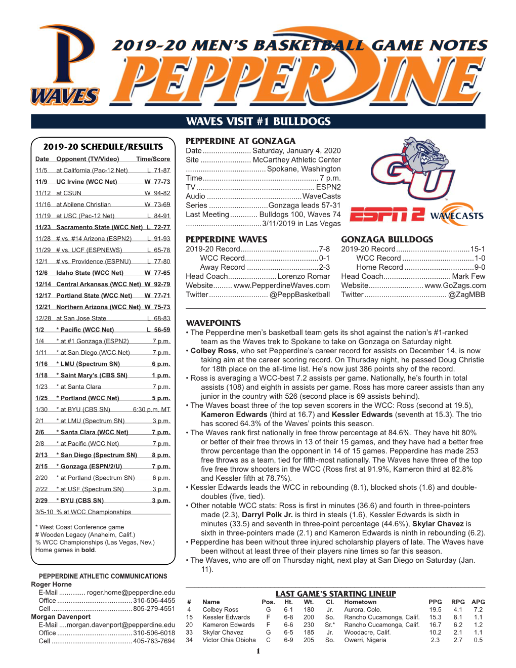 2019-20 Men's Basketball Game Notes