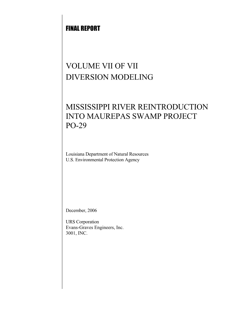 Volume Vii of Vii Diversion Modeling Mississippi River Reintroduction Into