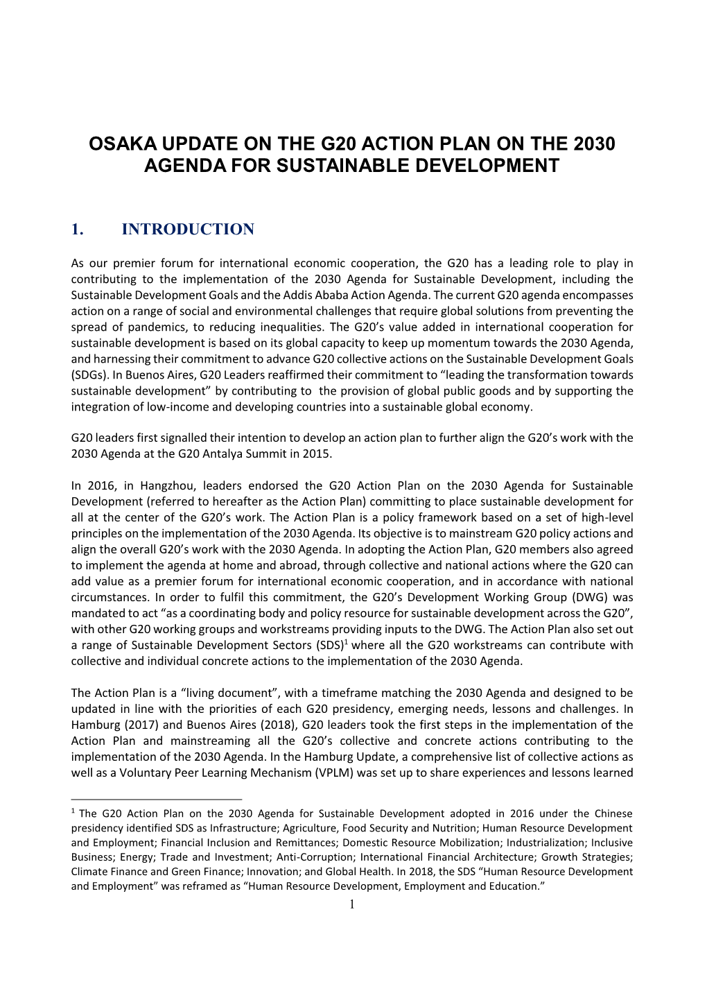 Osaka Update on the G20 Action Plan on the 2030 Agenda for Sustainable Development