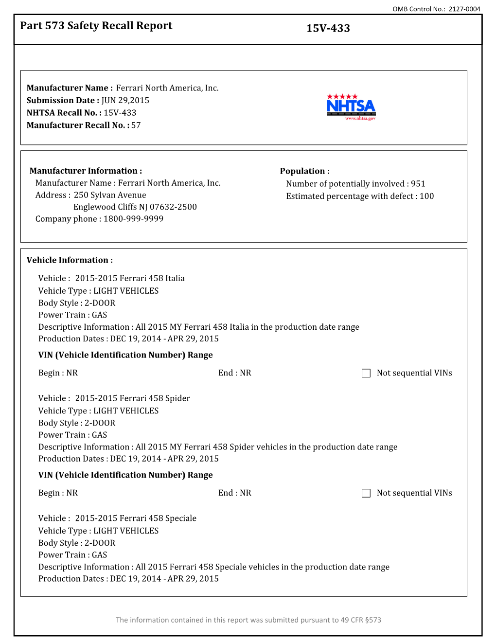 Part 573 Safety Recall Report 15V-433