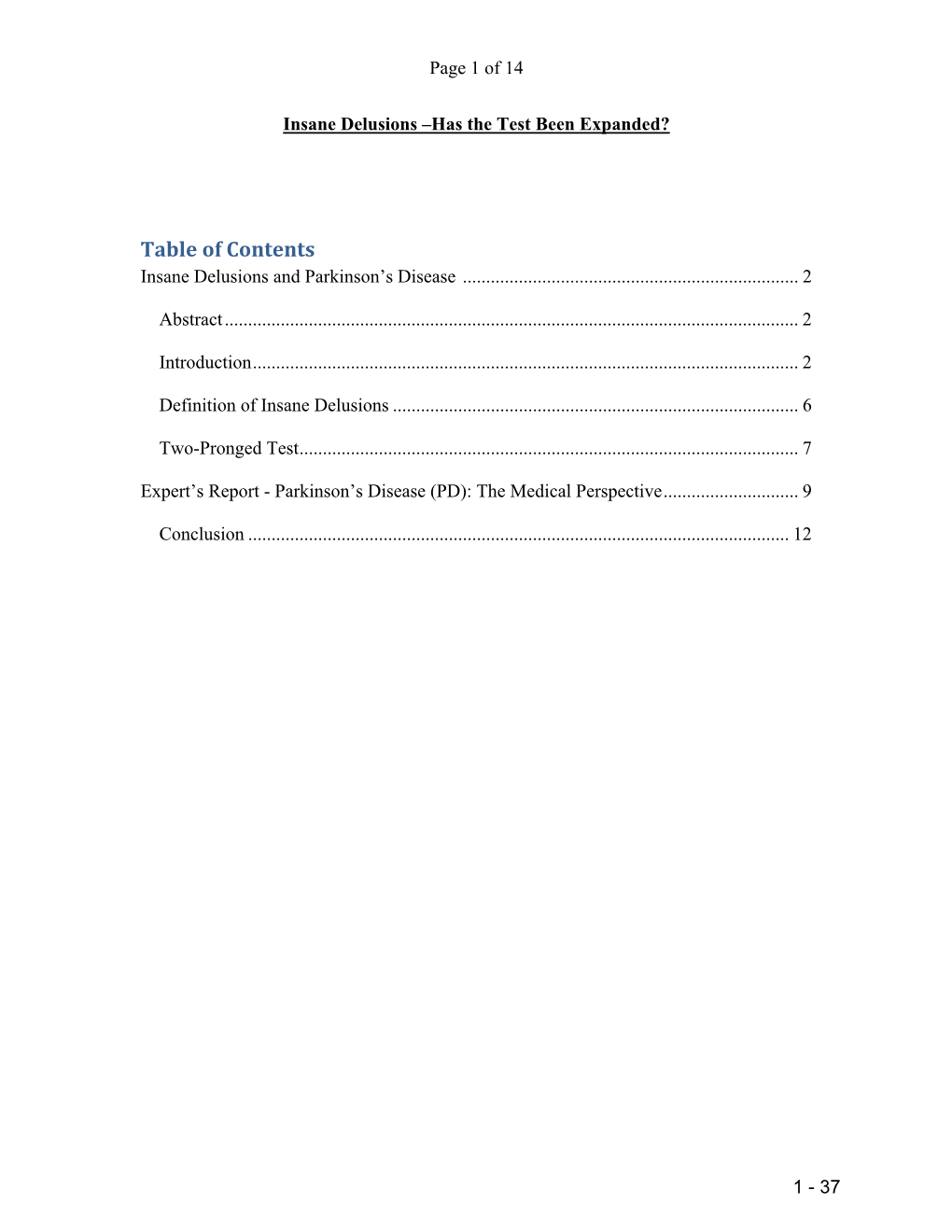 Table of Contents Insane Delusions and Parkinson’S Disease