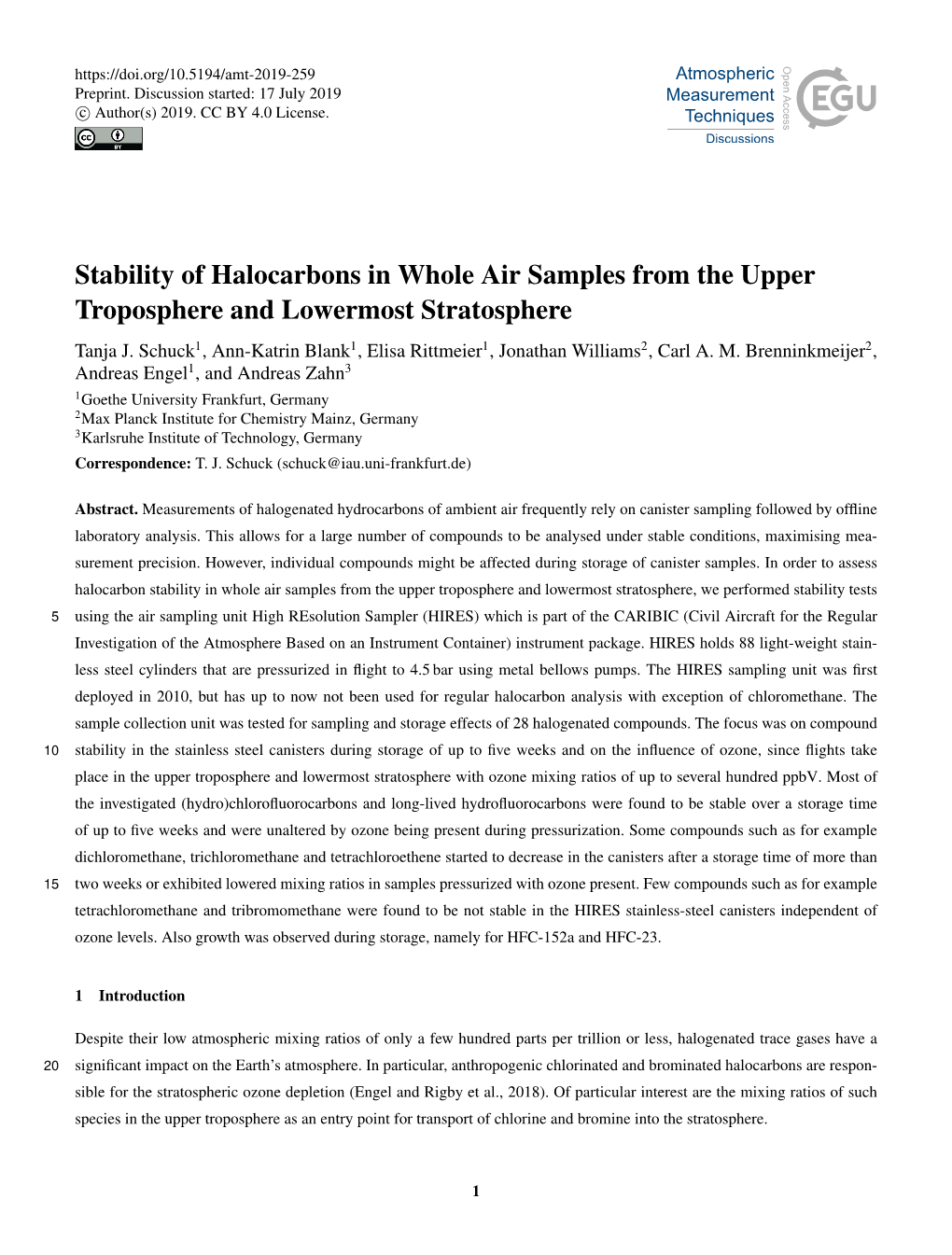 Stability of Halocarbons in Whole Air Samples from the Upper Troposphere and Lowermost Stratosphere Tanja J