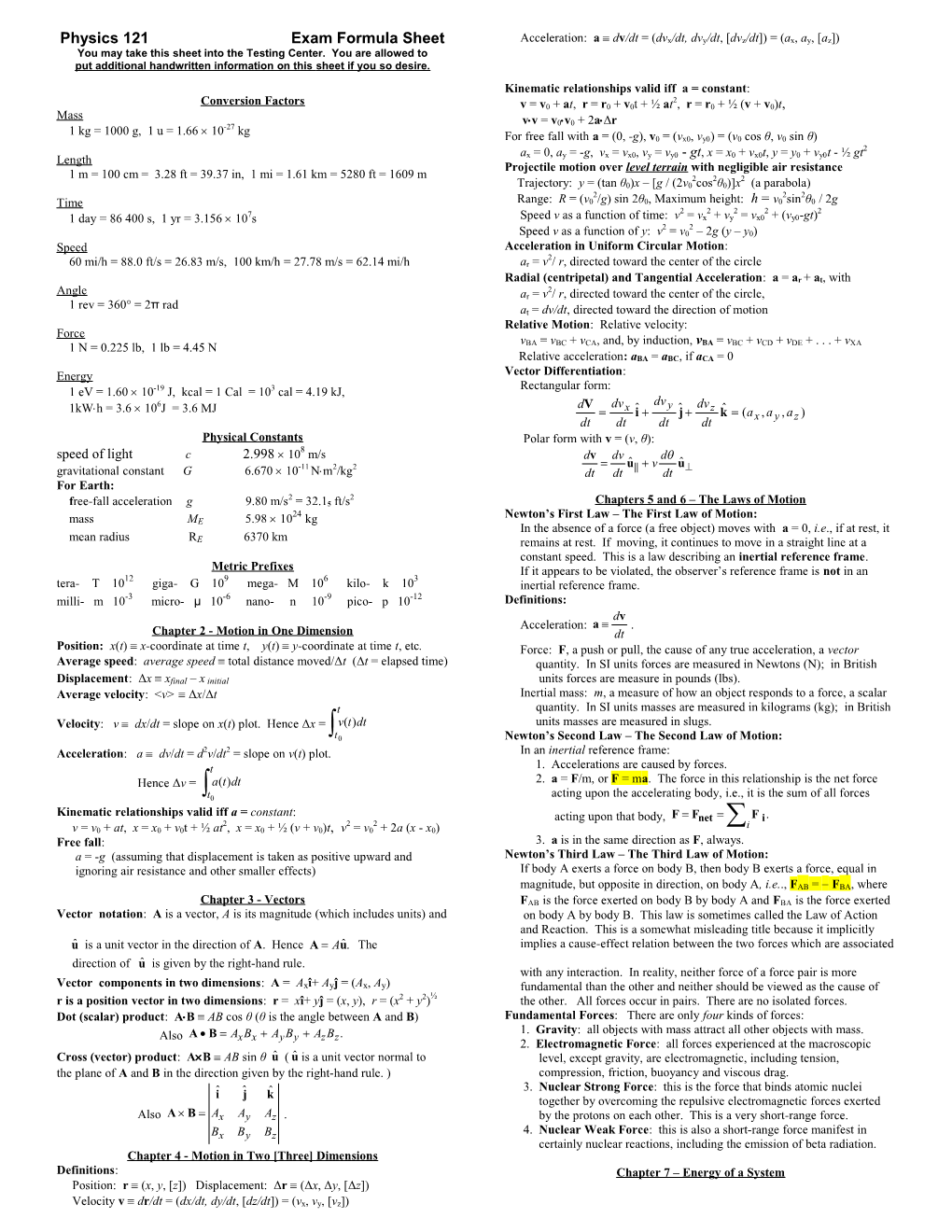 Physics 121 Exam Sheet