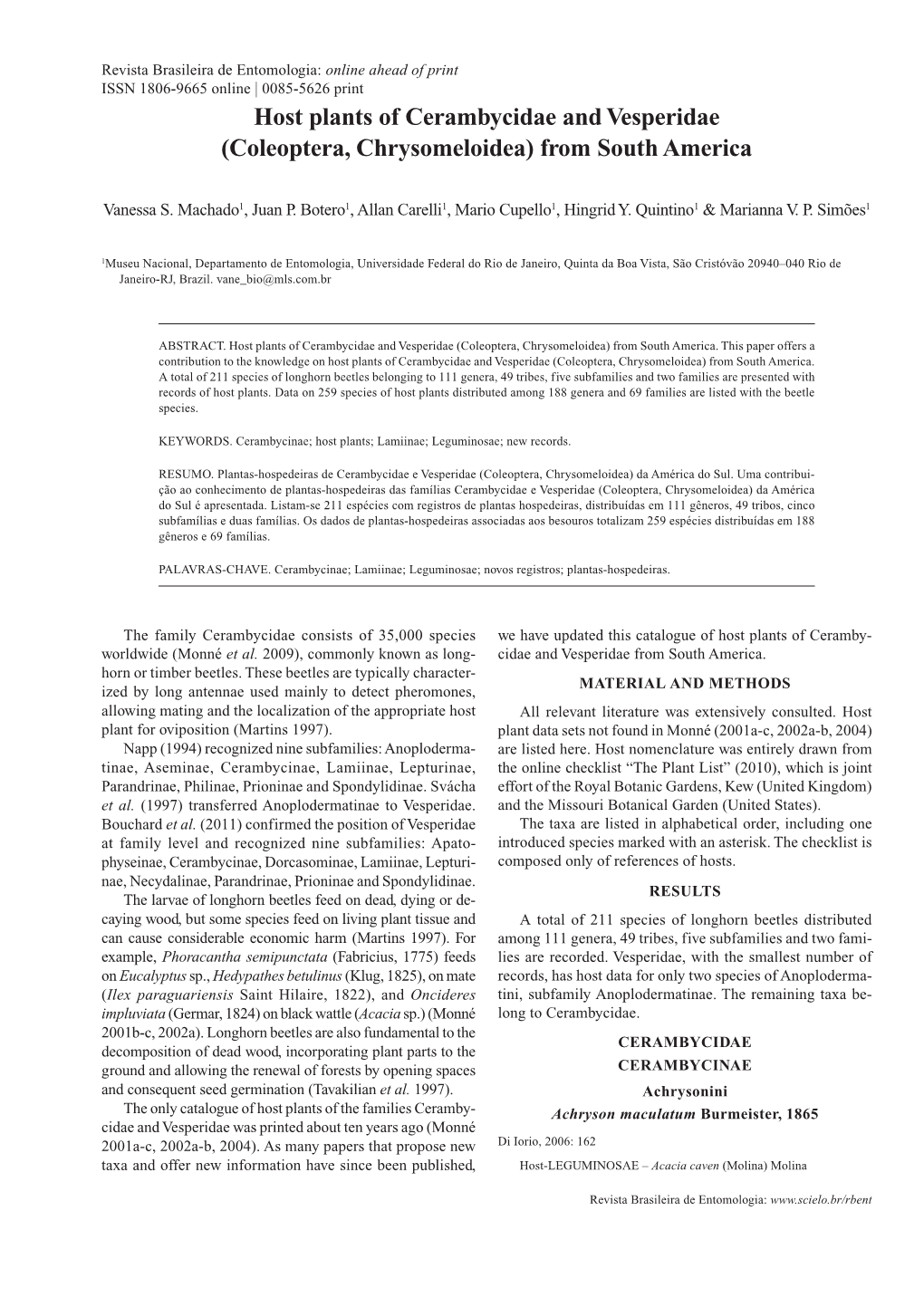 Host Plants of Cerambycidae and Vesperidae (Coleoptera, Chrysomeloidea) from South America