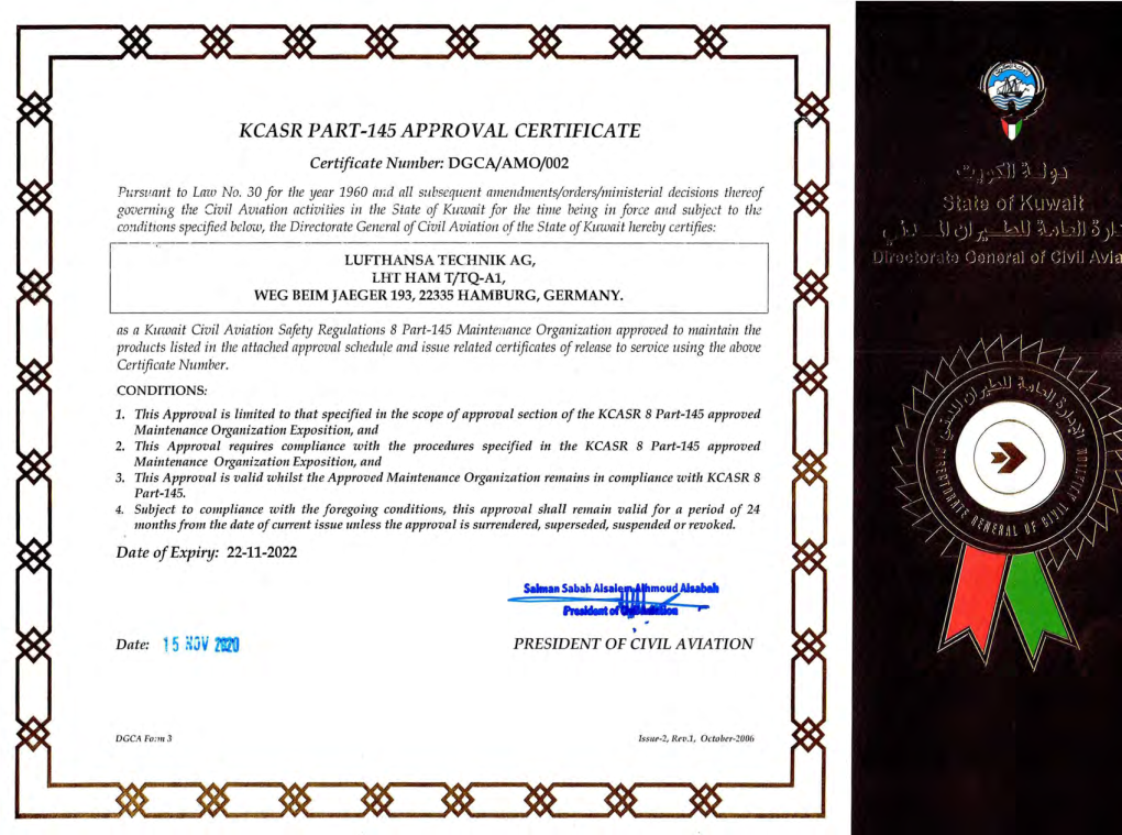 KCASR PART-145 APPROVAL CERTIFICATE Certificate Number: DGCA/AMO/002