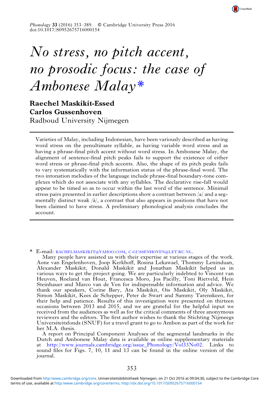 The Case of Ambonese Malay* Raechel Maskikit-Essed Carlos Gussenhoven Radboud University Nijmegen