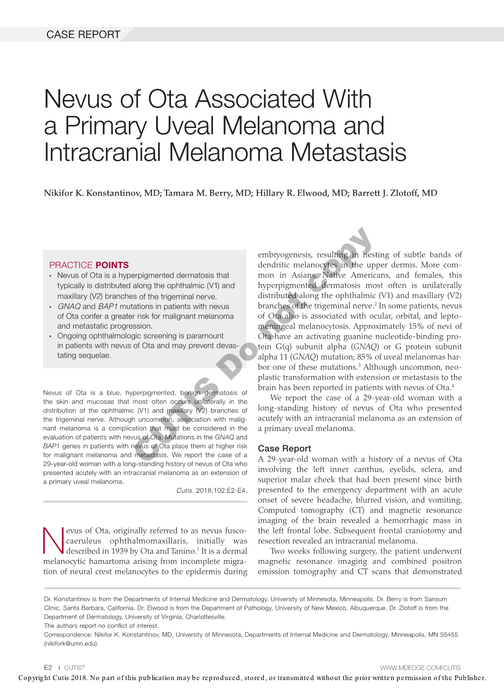 Nevus of Ota Associated with a Primary Uveal Melanoma and Intracranial Melanoma Metastasis