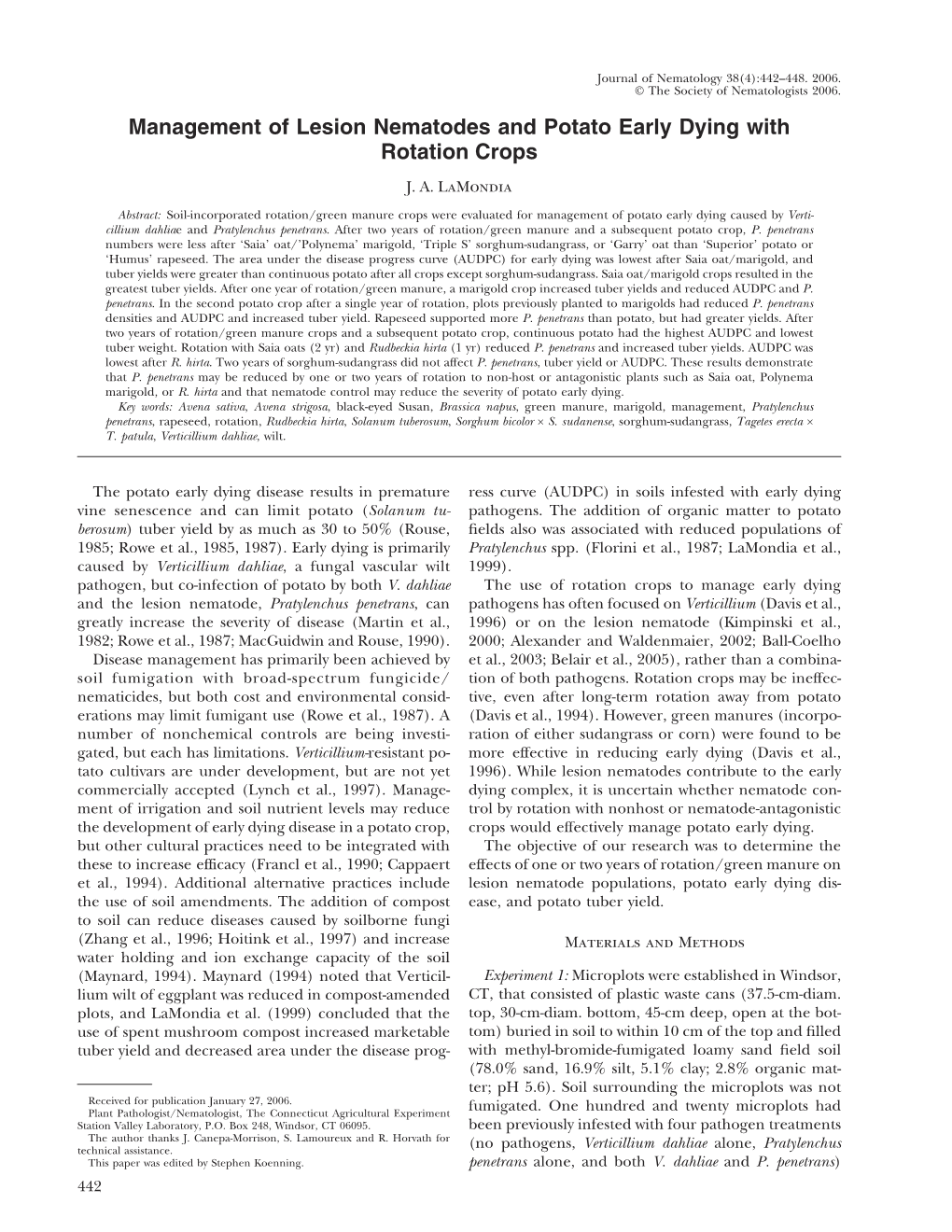 Management of Lesion Nematodes and Potato Early Dying with Rotation Crops