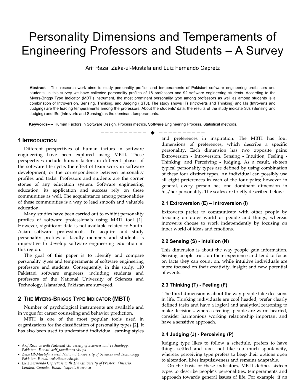 Personality Dimensions and Temperaments of Engineering Professors and Students – a Survey