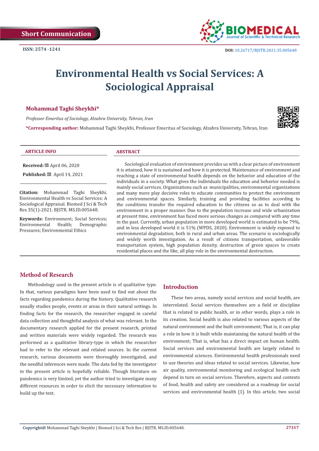 Environmental Health Vs Social Services: a Sociological Appraisal