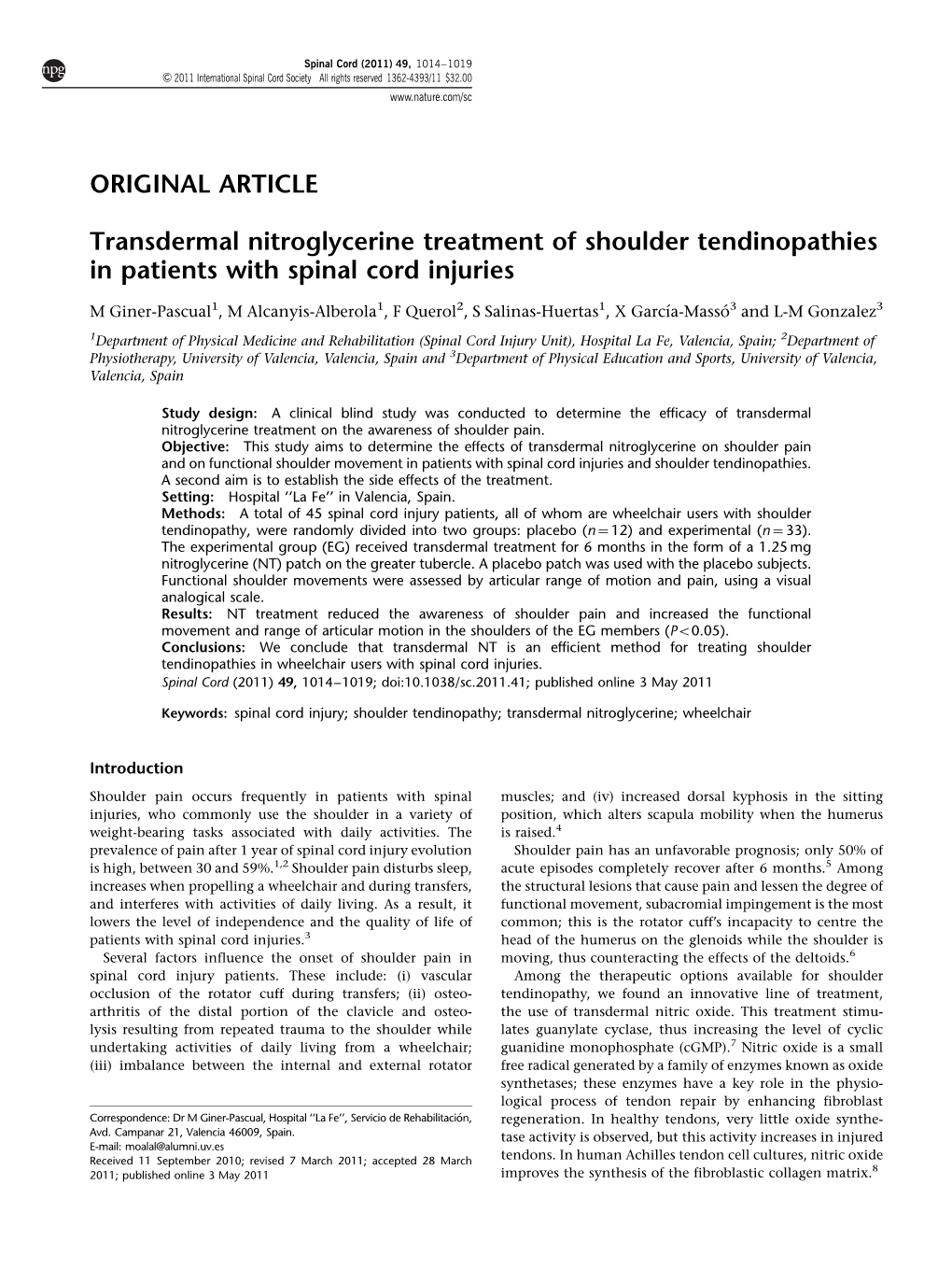 Transdermal Nitroglycerine Treatment of Shoulder Tendinopathies in Patients with Spinal Cord Injuries