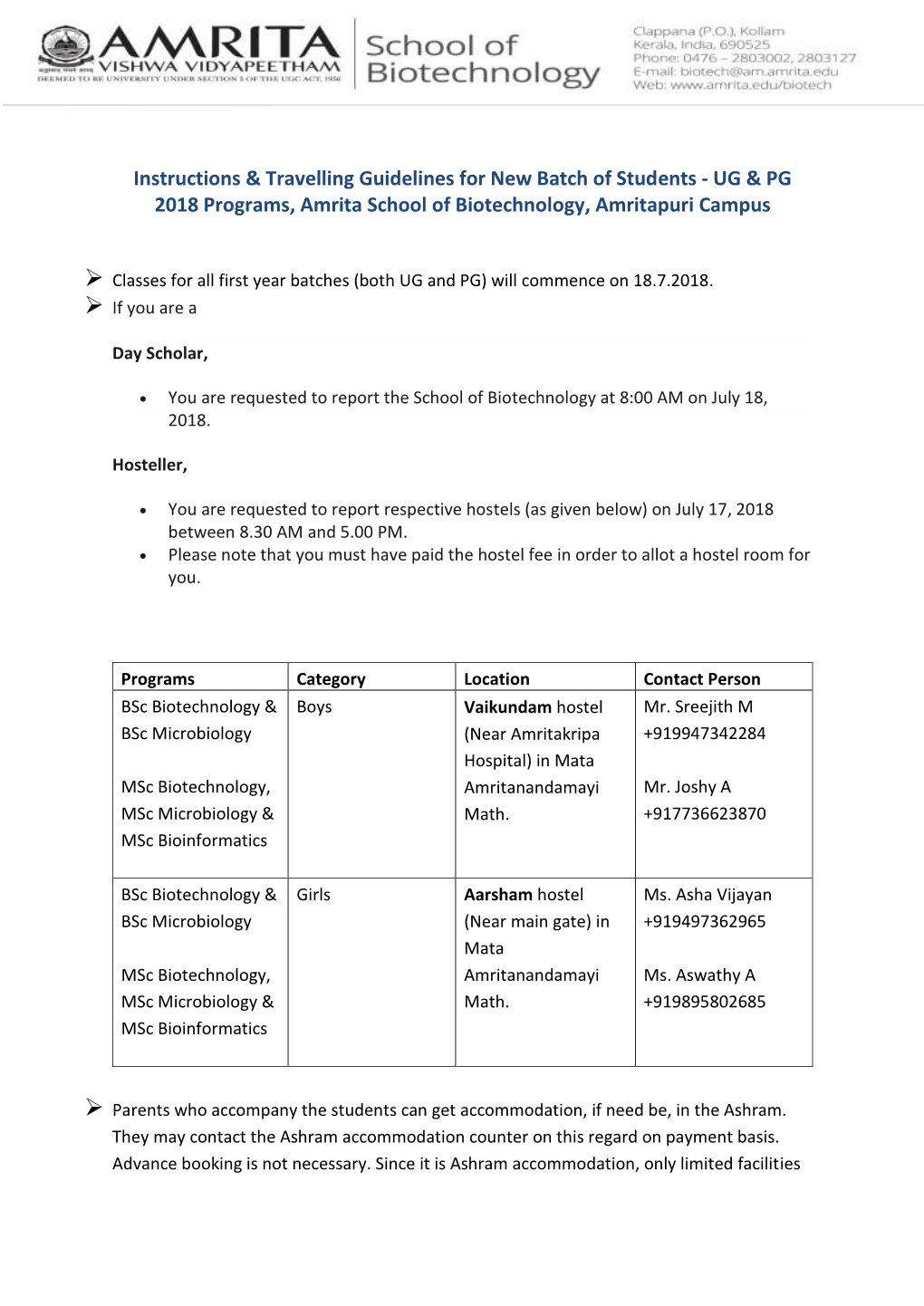 Instructions & Travelling Guidelines For