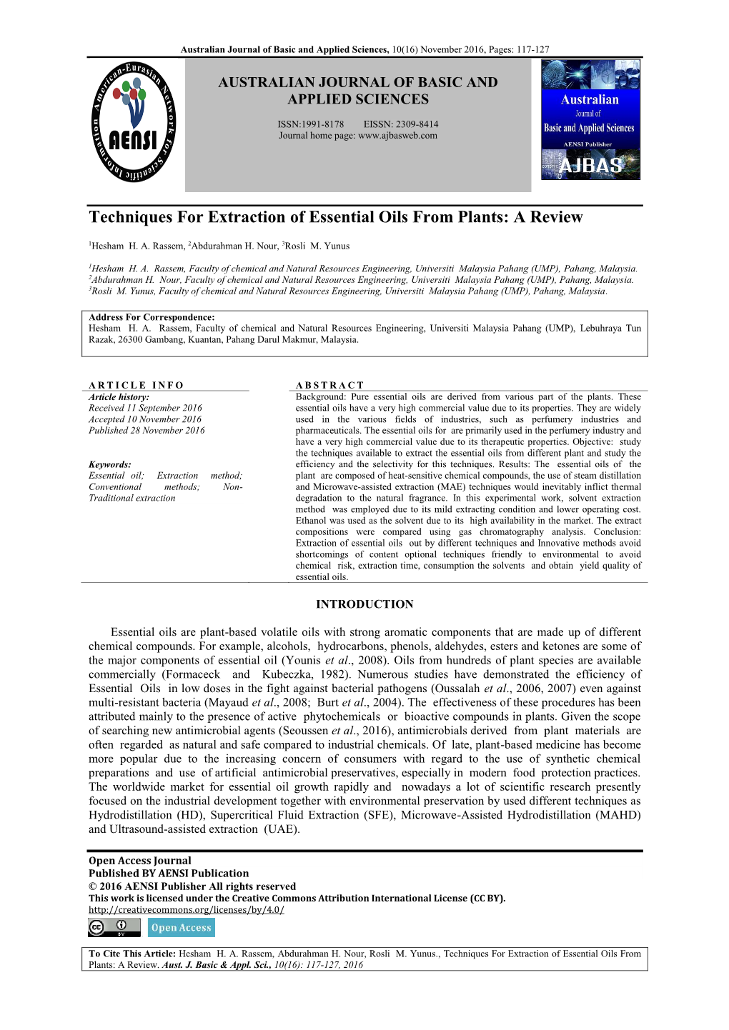 Techniques for Extraction of Essential Oils from Plants: a Review