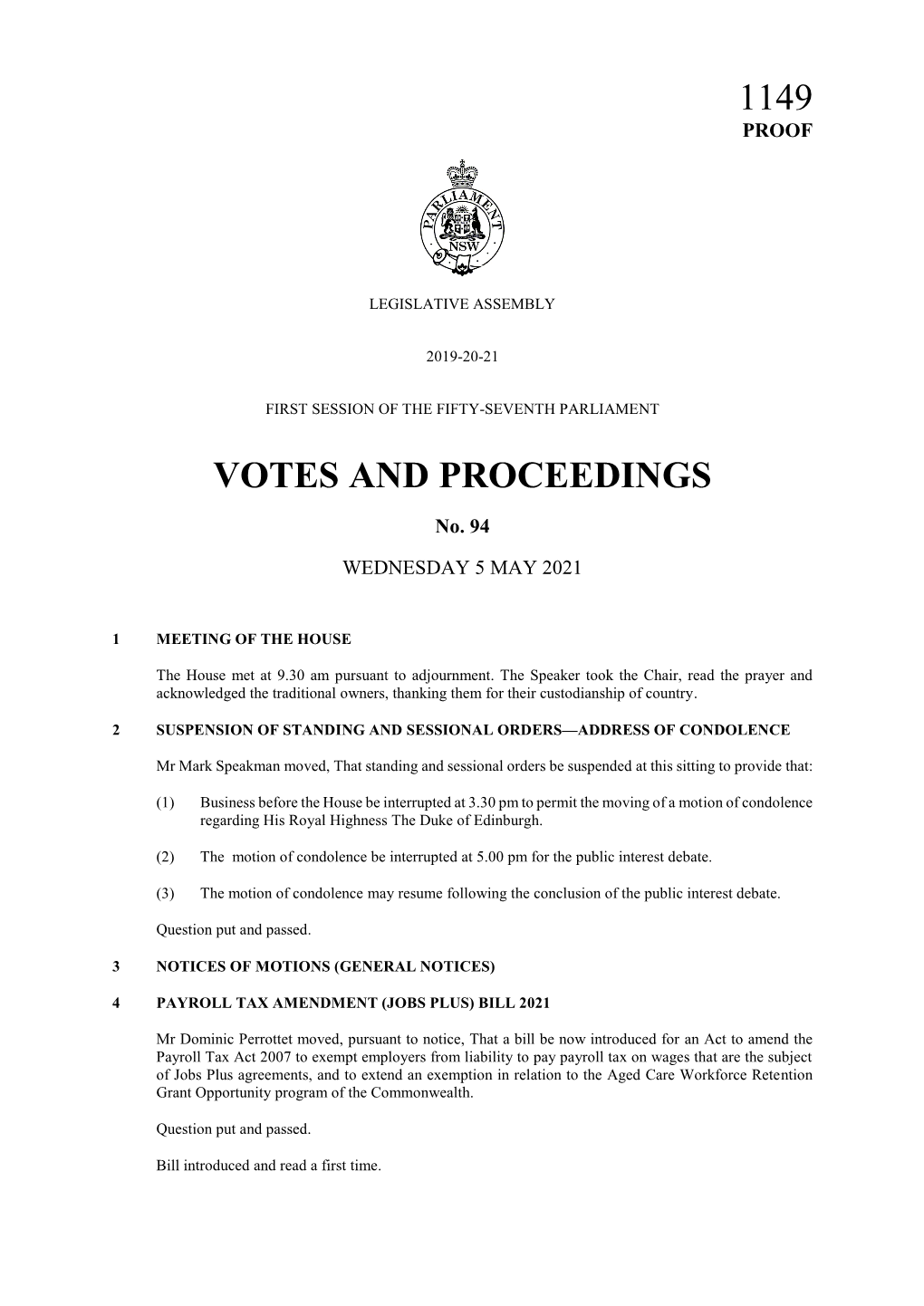 1149 Votes and Proceedings
