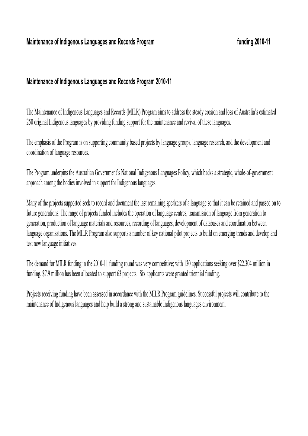 Maintenance of Indigenous Languages and Records Program Funding 2010-11