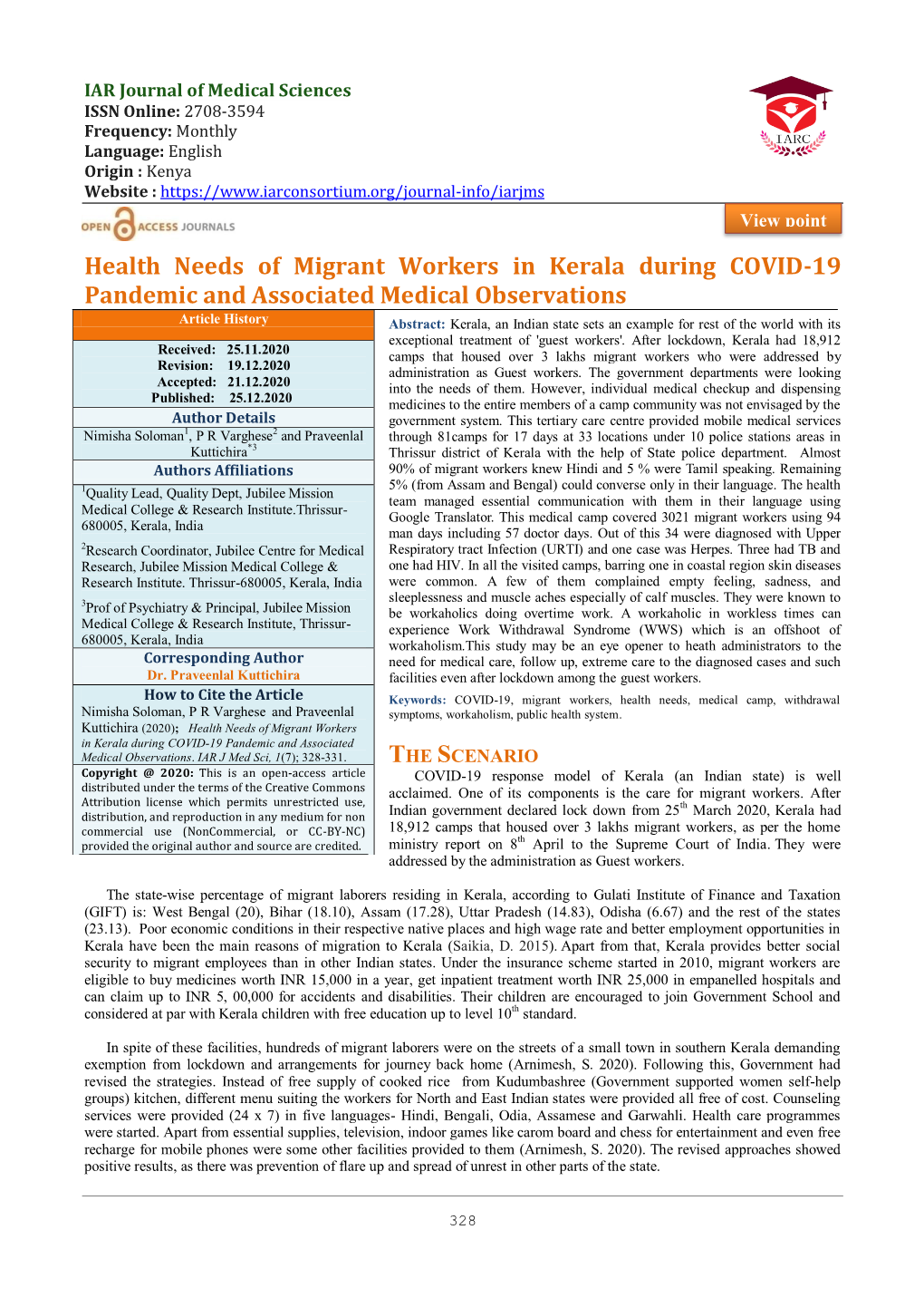 Health Needs of Migrant Workers in Kerala During COVID-19 Pandemic and Associated Medical Observations