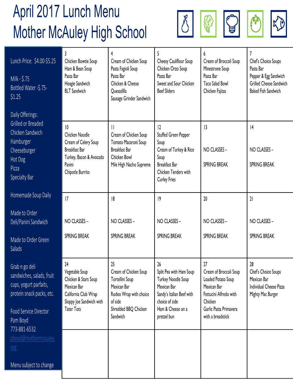 April 2017 Lunch Menu Mother Mcauley High School