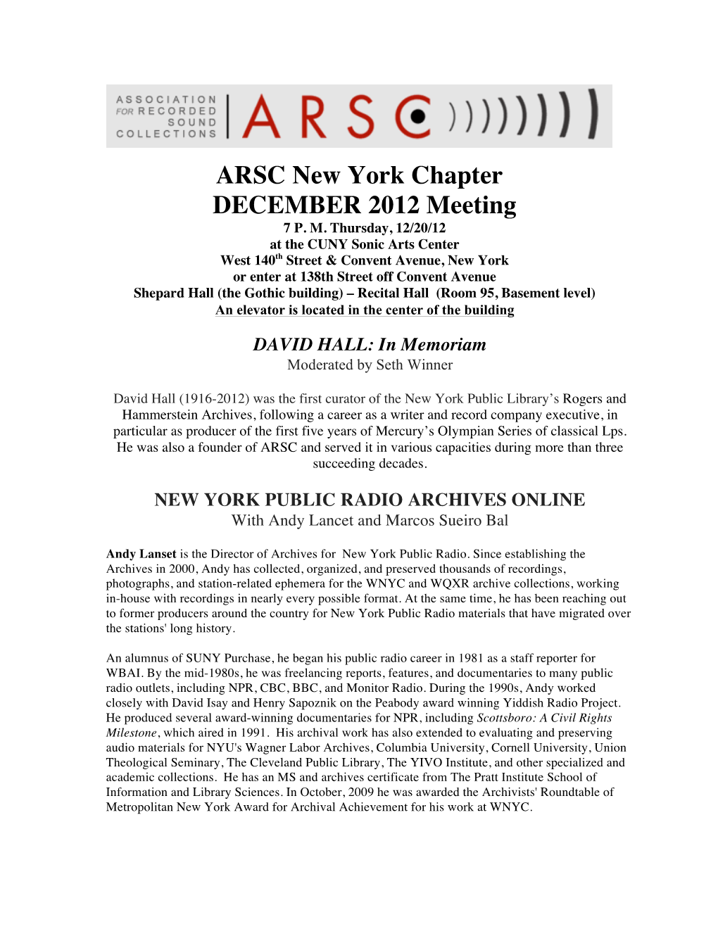 ARSC New York Chapter DECEMBER 2012 Meeting 7 P