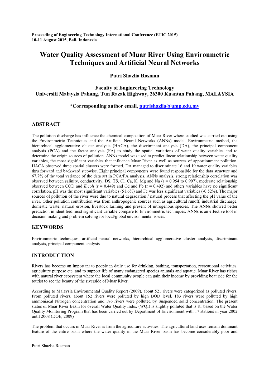 Water Quality Assessment of Muar River Using Environmetric Techniques and Artificial Neural Networks